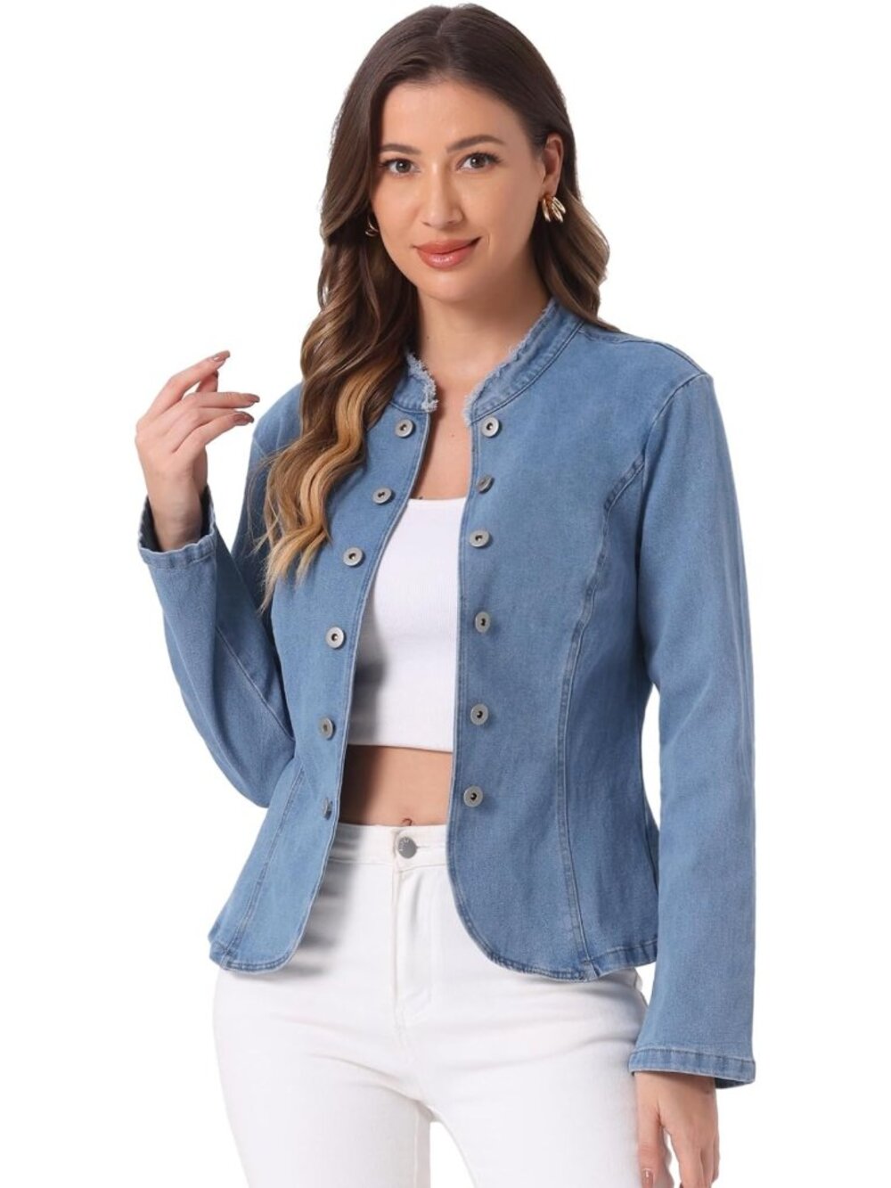 Vintage Distressed Denim Jacket for Women - Stand Collar, Open Front, Trendy